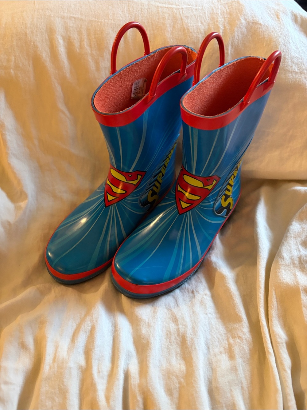 Kids Blue and Red Superhero Rain Boots with Easy Pull Handles